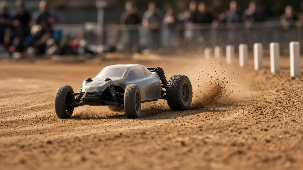 1/10 scale RC buggy kicking up dirt on a clay race track