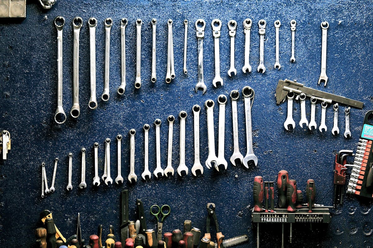 Workshop tools laid out on a workbench